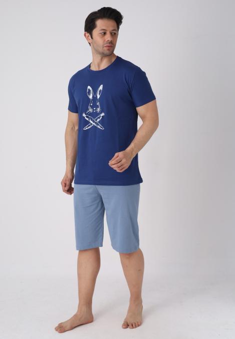 Pijama barbat cu maneca scurta si pantaloni 3/4, culoare bleumarin, Engros